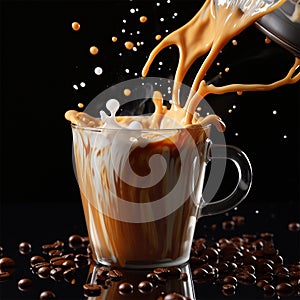 Coffee splash with milk genrated by AI dark background photo