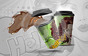 Coffee splash from a paper cup with a picture of a girl and the leteers Hello on it