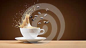 Coffee Splash in White Cup on Brown Background