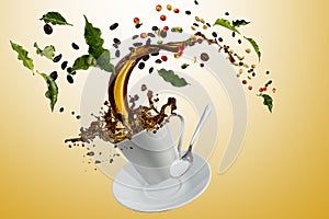 Coffee splash in white cup with leaves and fruits