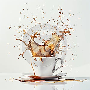 Coffee splash in white cup and saucer
