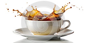Coffee Splash in a White Cup and Saucer Isolated On White Background photo