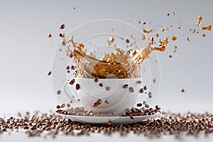 Coffee Splash in White Cup Surrounded by Beans
