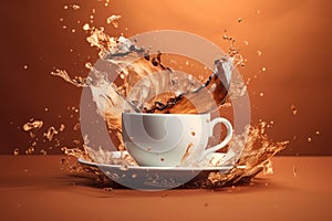 Coffee splashing out of a cup isolated on orange background. Ai