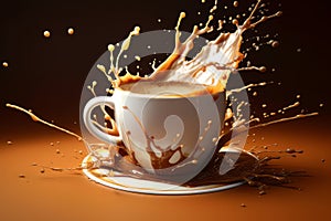 Coffee splashing out of a cup isolated on orange table. Ai