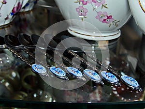 Coffee spoons with enamel. Rostov finift Ã¢â¬â Russian folk art craft; it has existed since the XVIII century photo