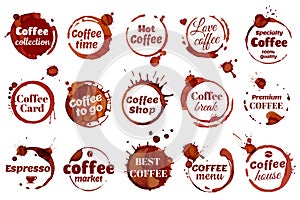 Coffee stain ring label, coffee shop cafe logo. Premium quality emblem, dirty cup circle stains badge, spilled espresso