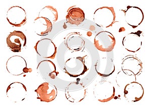 Coffee stains set, isolated cup circles tea or espresso. Dirty stain, drinking elements on table surface. Neoteric