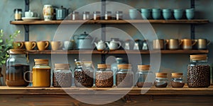 coffee still life (grinder, cup, a bag of beans, a jar against the background of an old wall.