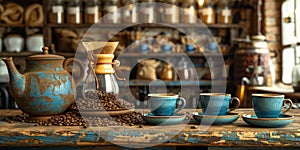 coffee still life (grinder, cup, a bag of beans, a jar against the background of an old wall.