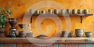 coffee still life (grinder, cup, a bag of beans, a jar against the background of an old wall.