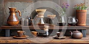 coffee still life (grinder, cup, a bag of beans, a jar against the background of an old wall.