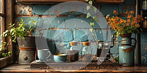 coffee still life (grinder, cup, a bag of beans, a jar against the background of an old wall.