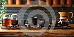 coffee still life (grinder, cup, a bag of beans, a jar against the background of an old wall.