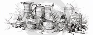 Coffee still life illustration in black and white colors