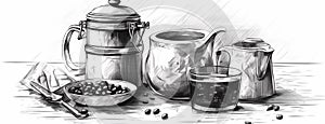 Coffee still life illustration in black and white colors
