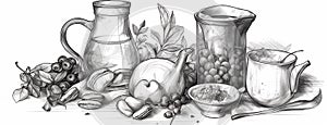 Coffee still life illustration in black and white colors
