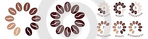 Coffee strength circular or round scale, different colour beans to show intensity or roast