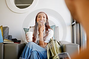 Coffee, study and education with a woman student in the breakroom between class on university campus. College photo