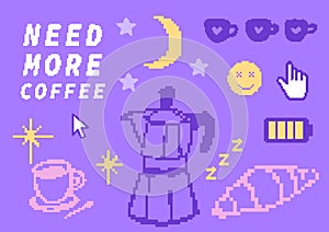 Coffee and study pixel art set, retro 8bit elements at techno purple background, computer interface arrow and hand photo