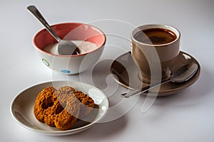 Coffee, sugar and cookies for my breakfast