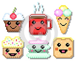 Coffee with sweets. Pixel set