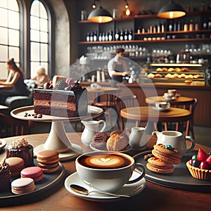 Coffee table with a cup of freshly brewed coffee and sweet desserts located in the coffee shop