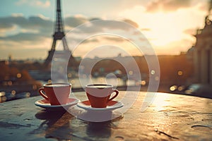 coffee on table and Eiffel tower in Paris