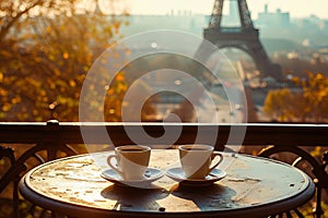 coffee on table and Eiffel tower in Paris
