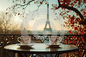 coffee on table and Eiffel tower in Paris