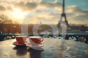 coffee on table and Eiffel tower in Paris