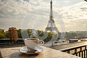 Coffee on Table with Eiffel Tower in Paris