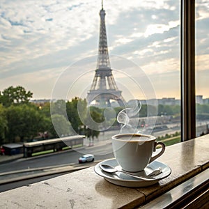 Coffee on Table with Eiffel Tower in Paris