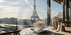 Coffee on Table with Eiffel Tower in Paris