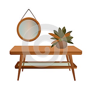 Coffee table with a house flower and a mirror on the wall. Isolated objects on a white background