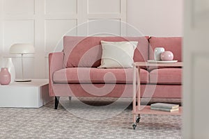 Coffee table with kinck knacks in front of elegant couch with pillows photo