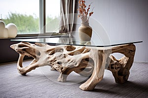 a coffee table made from driftwood, set on a sandy-colored rug photo