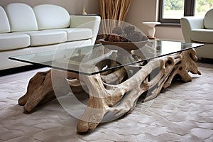 a coffee table made from driftwood, set on a sandy-colored rug photo