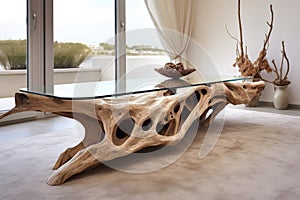 a coffee table made from driftwood, set on a sandy-colored rug photo