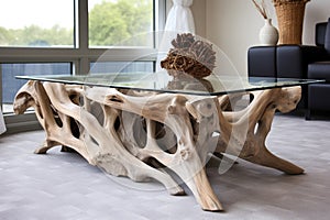 a coffee table made from driftwood, set on a sandy-colored rug photo