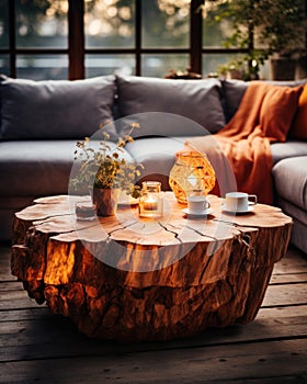 a coffee table made from a wooden log