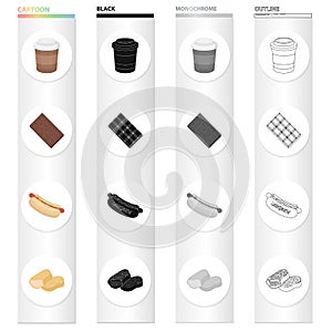 Coffee take-away, chocolate tile, hot dog food, nugget. Fast food set collection icons in cartoon black monochrome