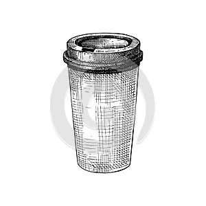 Coffee take away. Hot drink in paper cup sketch. Fast food drawing. Food delivery design element