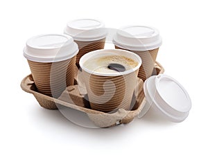Coffee take out disposable cups in holder