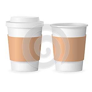 Coffee takeaway cup with cover 3d realistic mockup transparent background design vector illustration