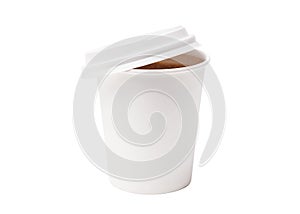 Coffee in takeaway cup isolated on white background. Coffee in takeaway paper cup on white background. Space for design