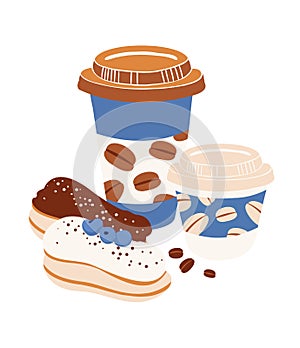 Coffee Takeaway Cups with Eclair Vector Illustration in Blue and Beige