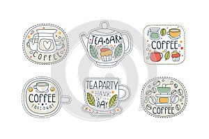 Coffee takeaway labels set. Organic coffee and tea drinks hand drawn labels, stickers, prints vector illustration