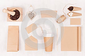 Coffee takeaway set mockup for brand - brown paper cup, blank notebook, packet, label, stationery, coffee beans, sugar, heart.