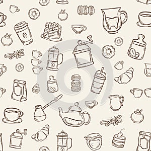 Coffee, tea and cakes seamless background pattern